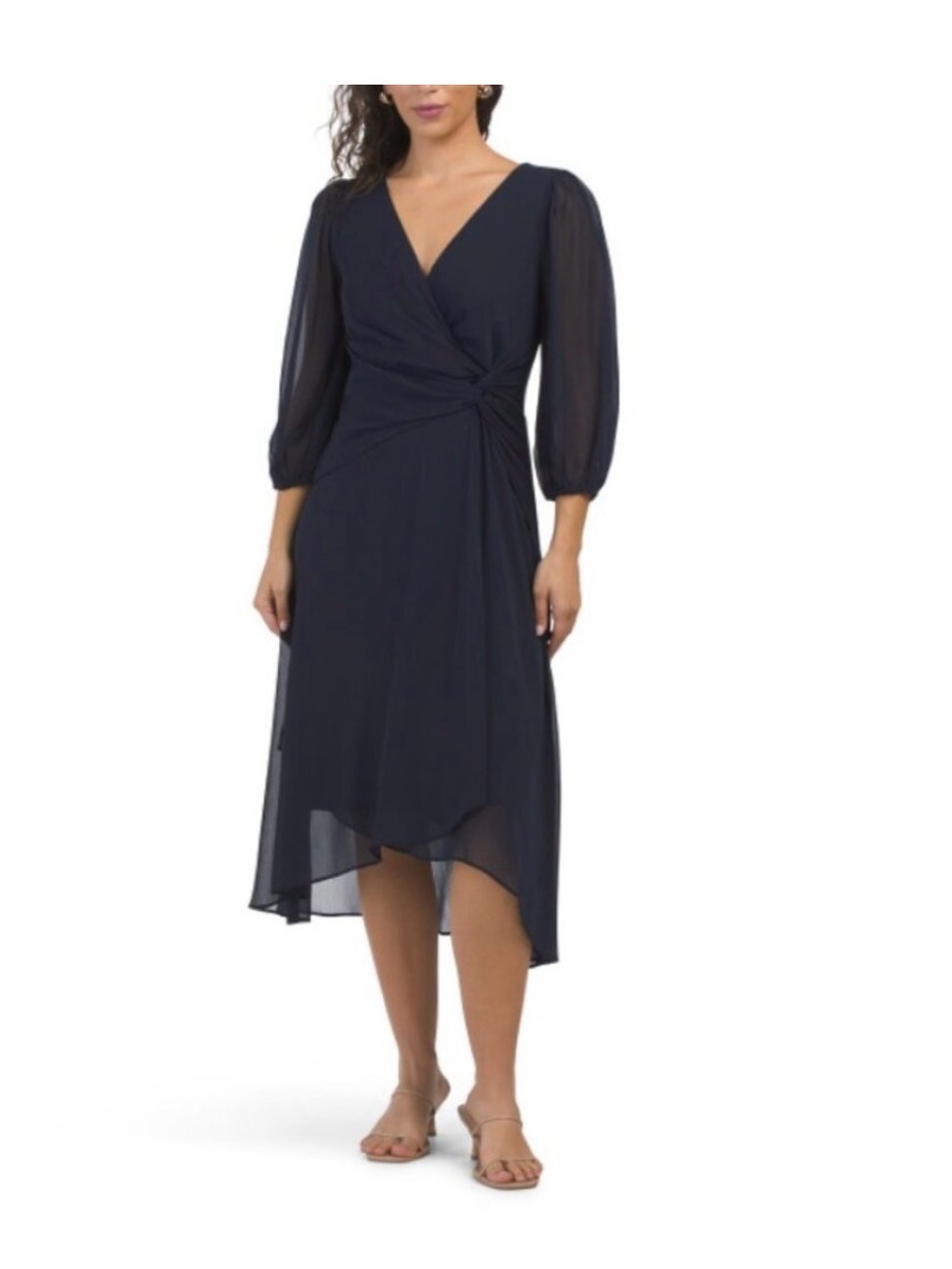 DKNY Navy Wrap High-Low Midi Dress with Sheer Sleeves